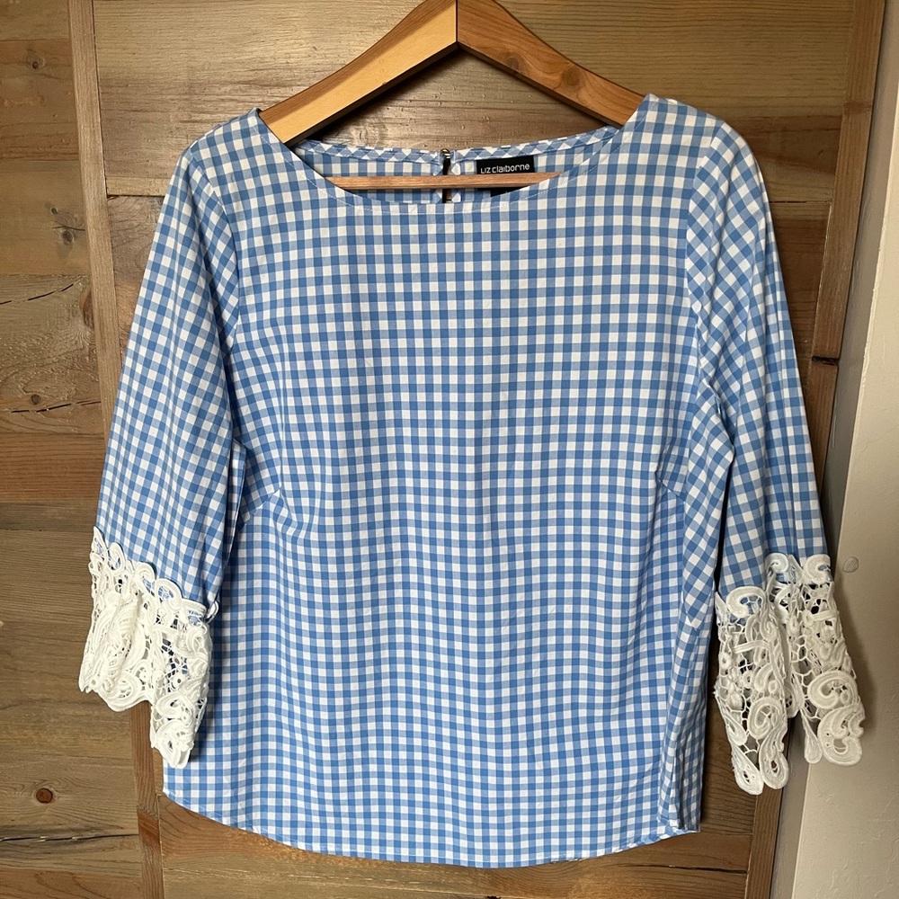 Liz Claiborne Light Blue Gingham Top with White Lace Sleeves